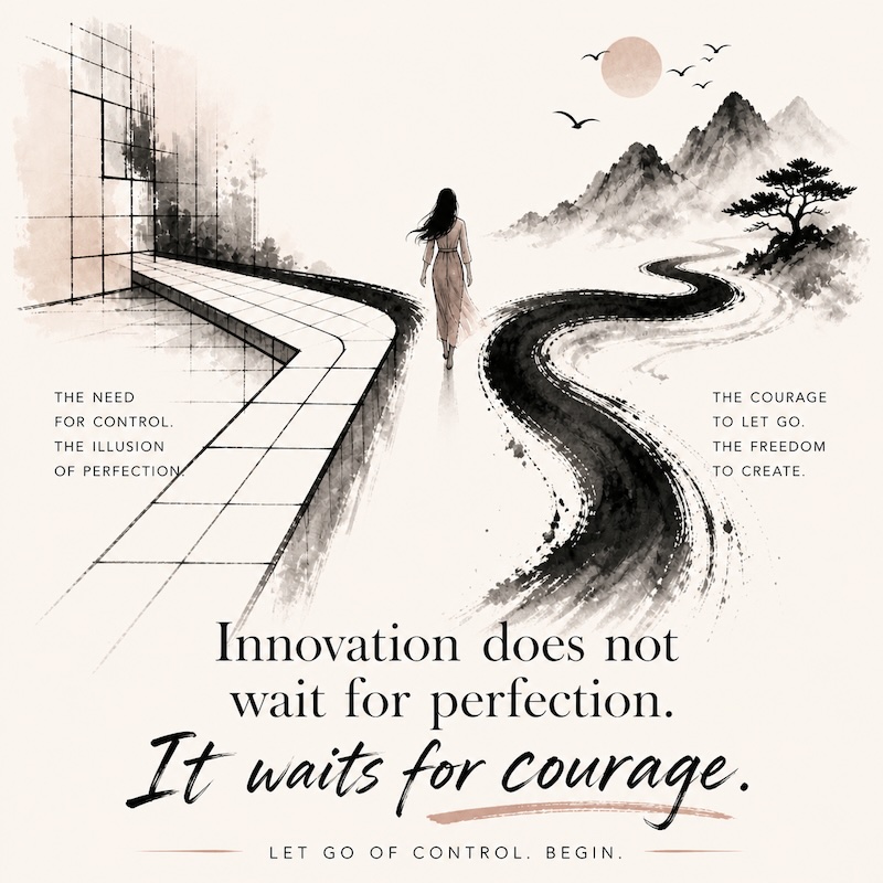 A woman walks from a rigid grid into an open flowing path — the courage to create the emerging future